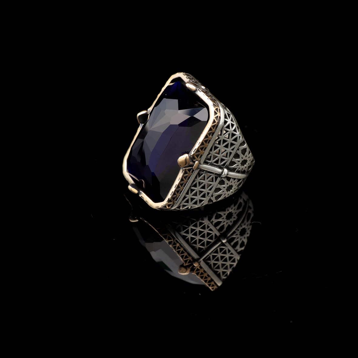 Vintage Large Blue Sapphire Ring for Men - 925 Sterling Silver Turkish Handmade Polished Engagement Ring with Silver Polishing Cloth Gift