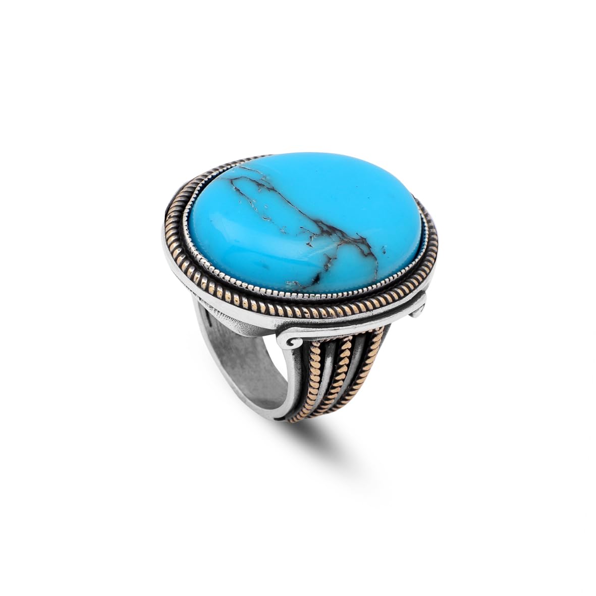 Vintage Turquoise Oval Stone Ring for Men - Large 925 Sterling Silver Turkish Handmade Polished Engagement Ring with Silver Polishing Cloth Gift