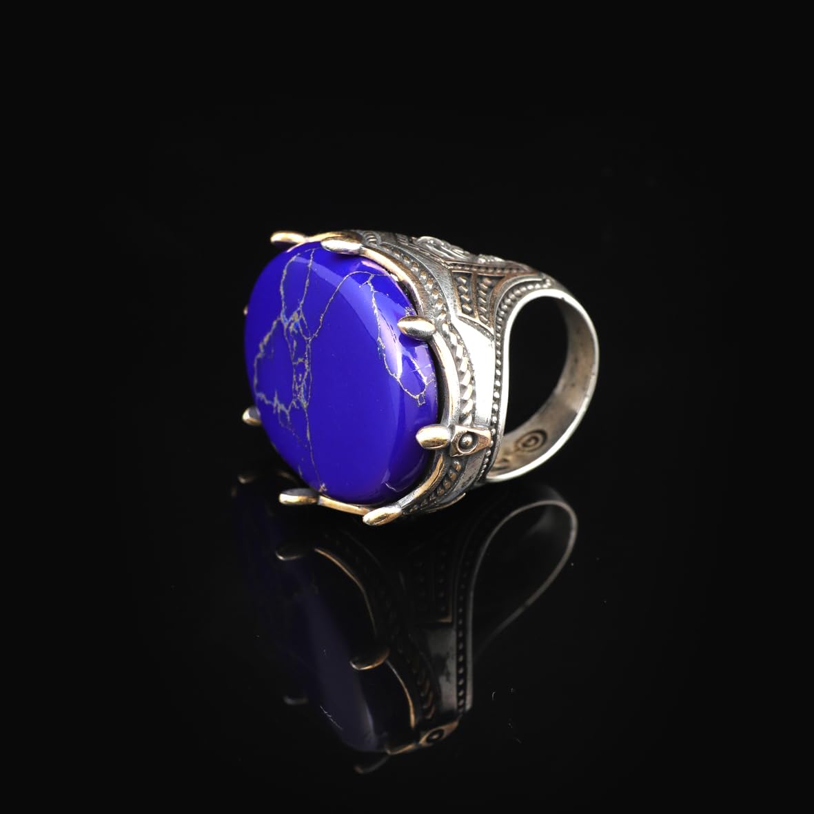 Lapis Lazuli Oval Gemstone Ring - Large Handmade Ottoman Style 925 Sterling Silver Men's Ring with Silver Polishing Cloth Gift