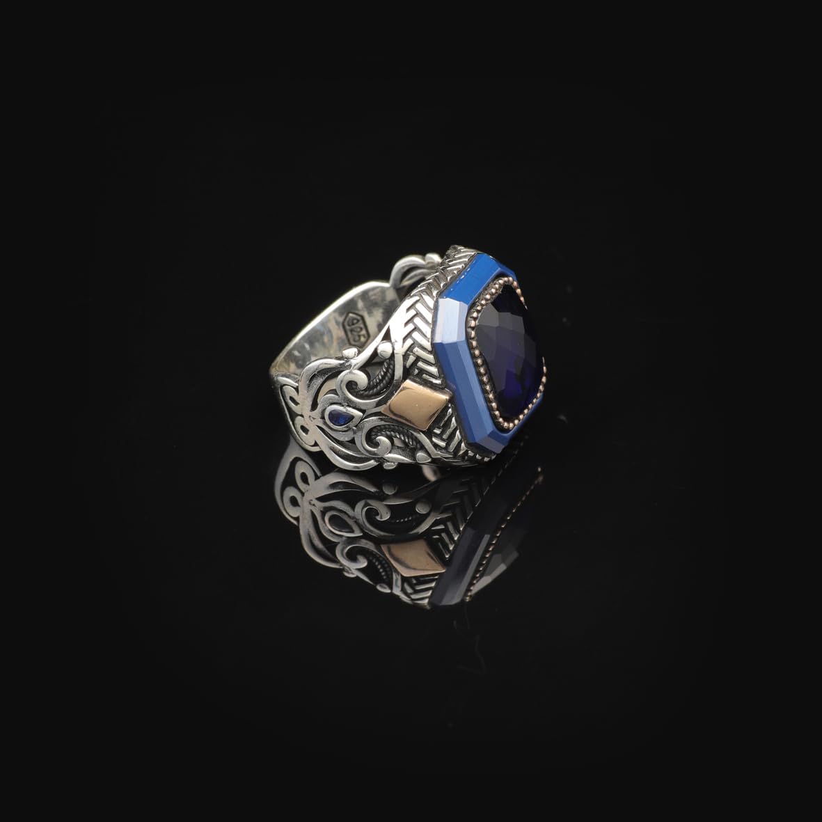 Handmade Vintage Blue Sapphire Ring - Polished 925 Sterling Silver Men's Gemstone Ring