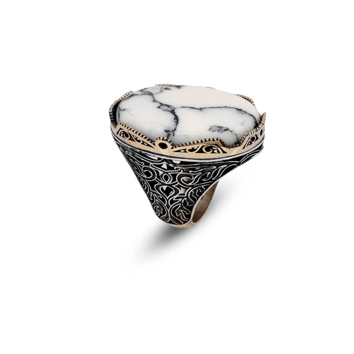 White Turquoise Men’s Ring with Large Oval Stone – Vintage 925 Sterling Silver Ring