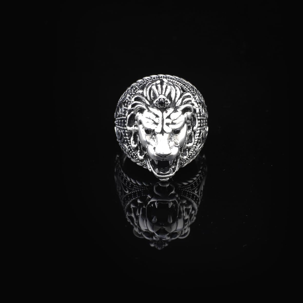 Handmade Lion Ring with Black Onyx Micro Stone - 925 Sterling Silver Men's Gemstone Jewelry