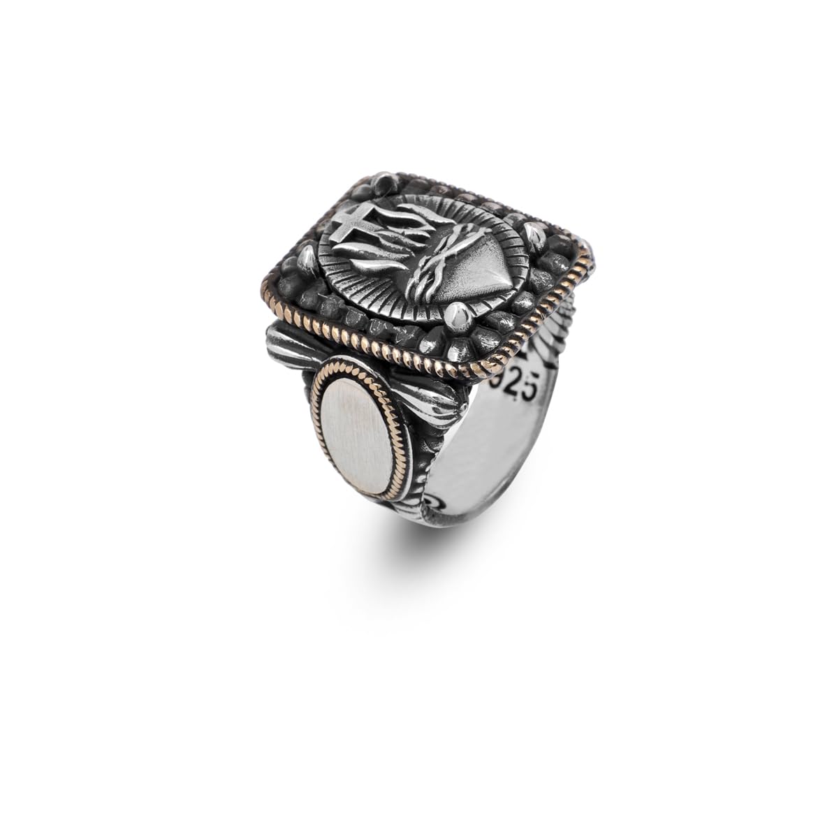 Vintage Heart Design Cross Signet Ring for Men - 925 Sterling Silver Christian Statement Ring - Polished Handmade Engagement Ring with Custom Engraving