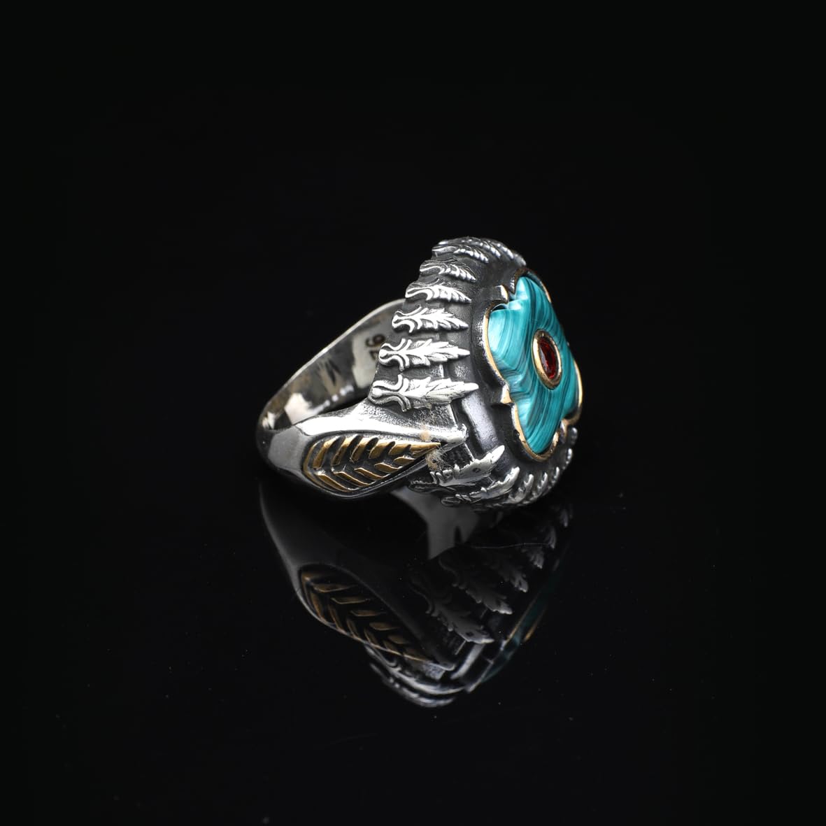 Handmade Malachite and Ruby Knife Ring with Micro Stone Jewelery- Vintage 925 Sterling Silver Rings for Men - Includes Silver Polishing Cloth Gift
