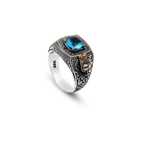 Aquamarine Ring - Vintage Style Men's Gemstone Engagement Ring