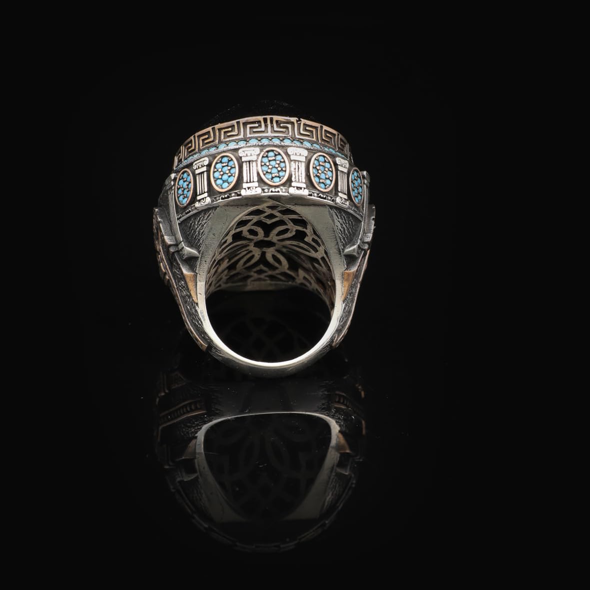 Black Onyx Ring with Micro Turquoise Stone – Large Oval Vintage Men’s Ring in Polished 925 Sterling Silver