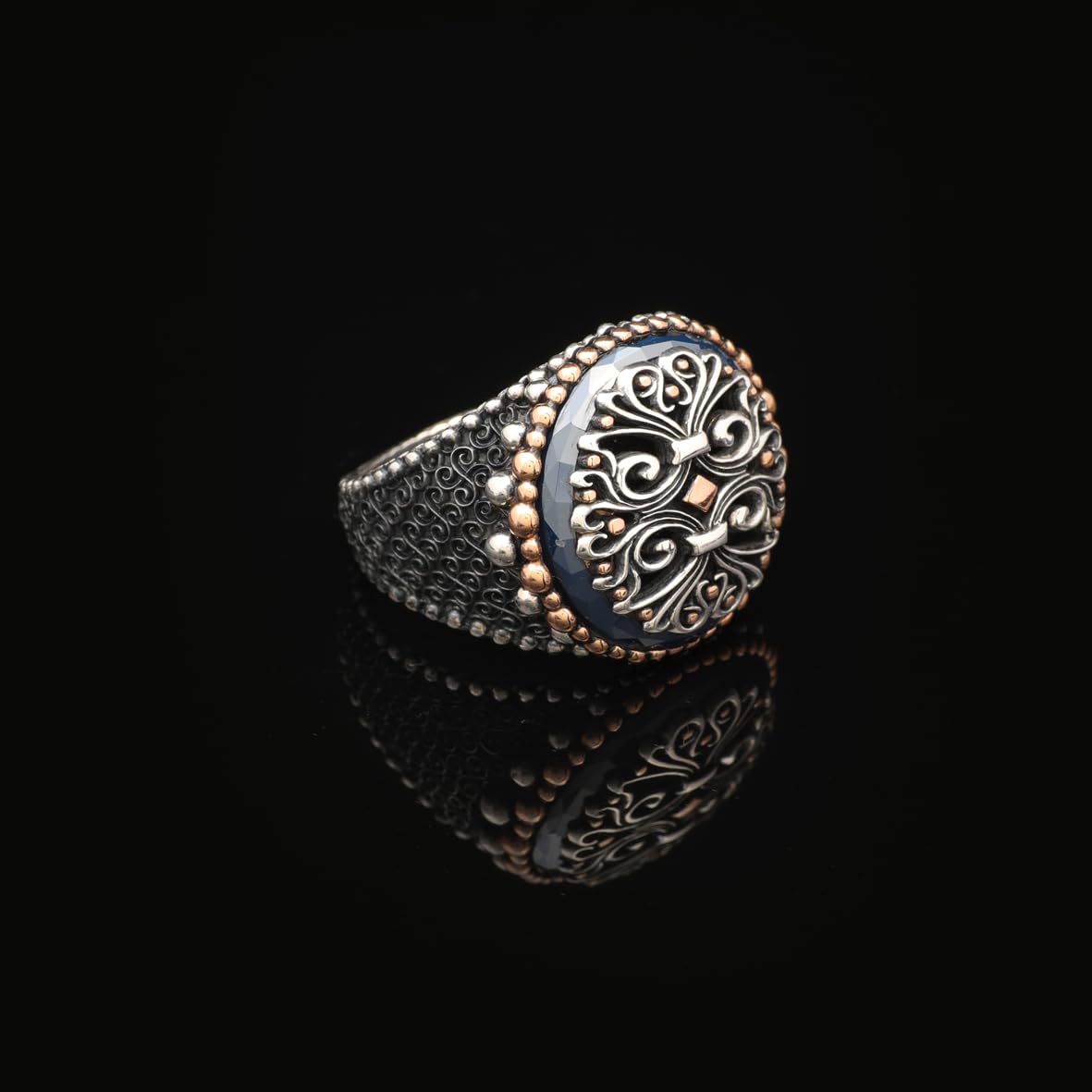 Vintage Embroidered Signet Ring with Blue Tiger Eye Gemstone - 925 Sterling Silver Men's Engagement Ring
