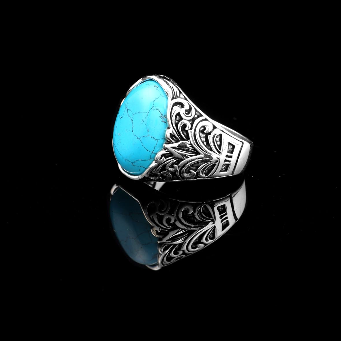 925 Sterling Silver Men's Turquoise Gemstone Ring – Large Oval Ottoman Ring