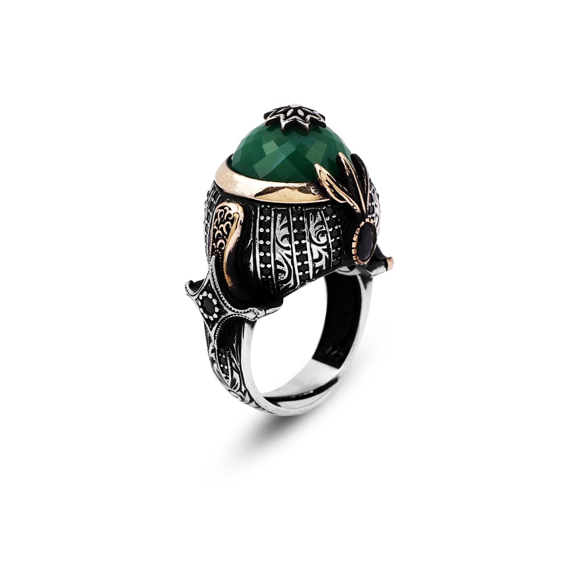 Handmade Emerald Gemstone Ottoman Style Sword Ring for Men Vintage 925 Sterling Silver