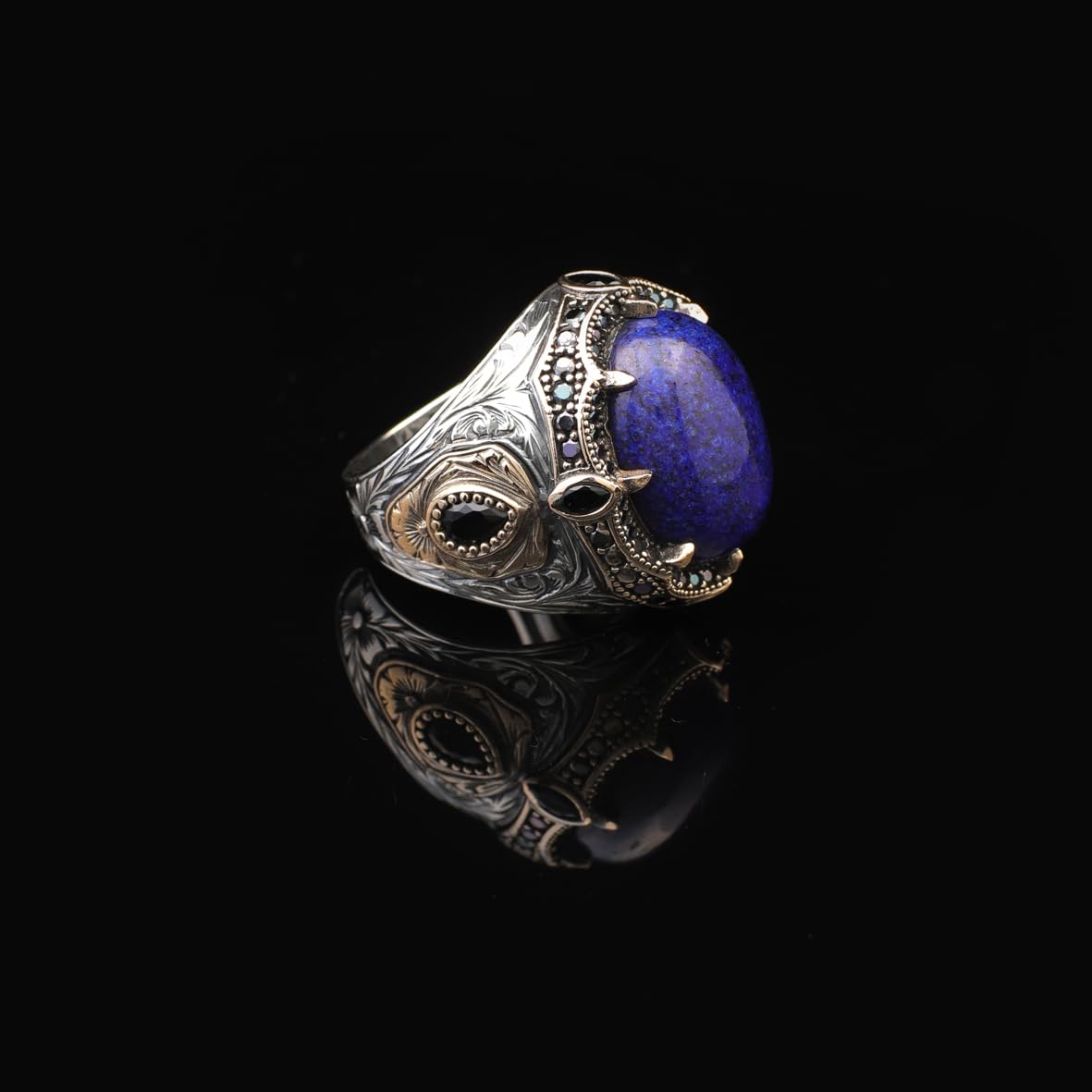 Lapis Lazuli Ring with Micro Onyx Stone – Ottoman Style Vintage Gemstone Sterling Silver Engagement Ring for Men – Handmade with Custom Engraving + Gift Silver Polishing Cloth