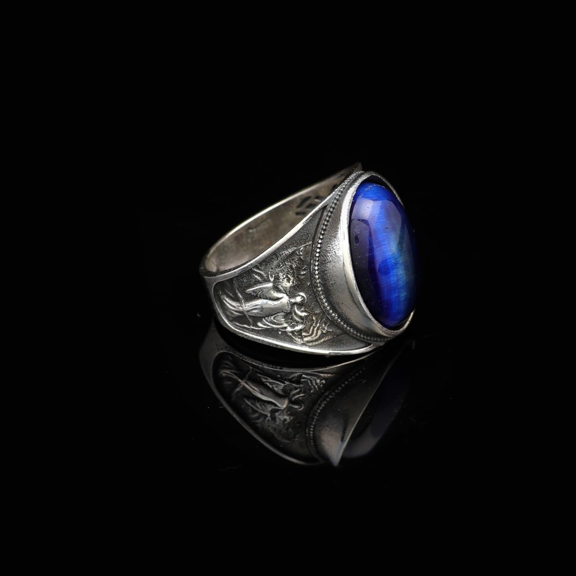 Handmade Virgin Mary Blue Tiger Eye Signet Ring - Vintage 925 Sterling Silver Men's Statement Ring with Oval Gemstone