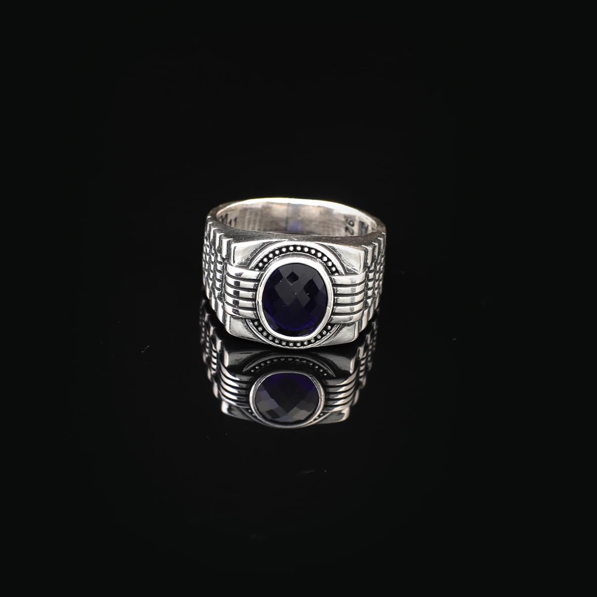 Handmade Blue Sapphire Oval Stone Watch Band Model Gemstone Ring for Men Vintage 925 Sterling Silver