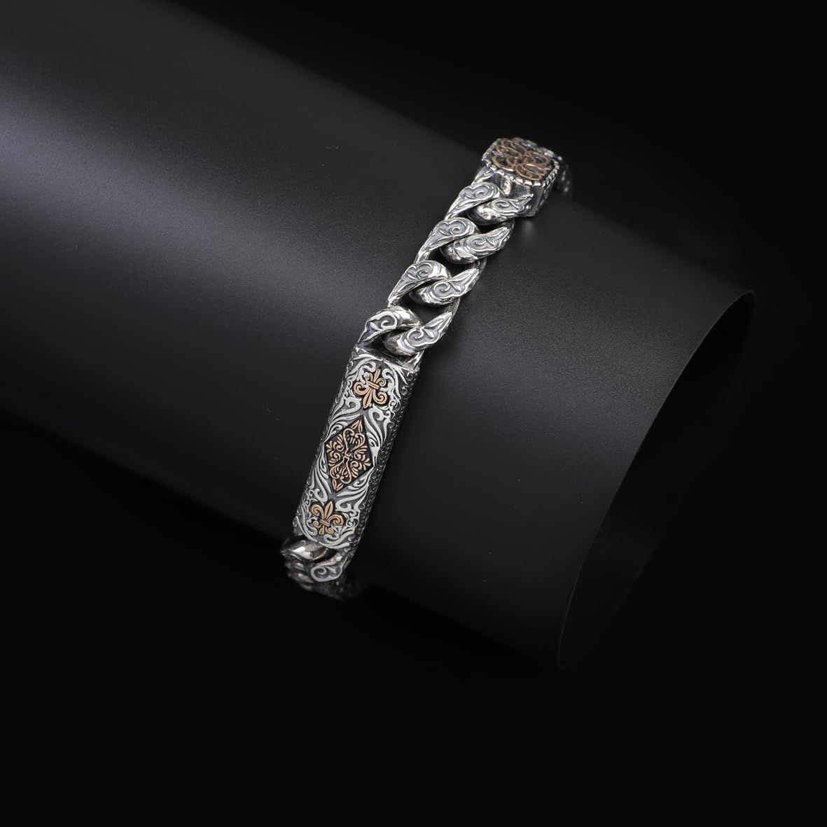 Personalized Gothic Vintage Pattern 925 Sterling Silver Chain Bracelet for Men - Handmade Hand-Engraved Bracelet with Silver Polishing Cloth Gift
