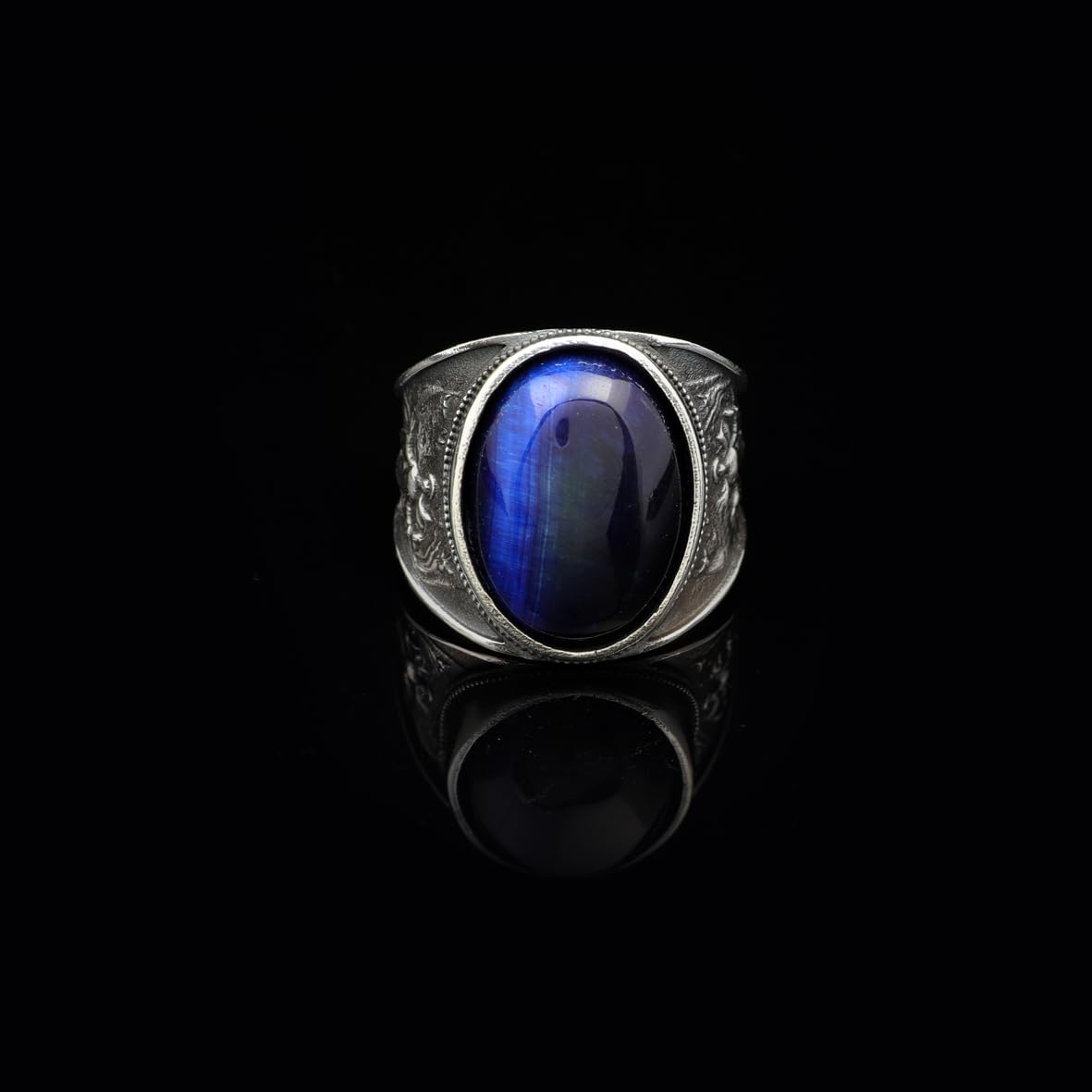 Handmade Virgin Mary Blue Tiger Eye Signet Ring - Vintage 925 Sterling Silver Men's Statement Ring with Oval Gemstone