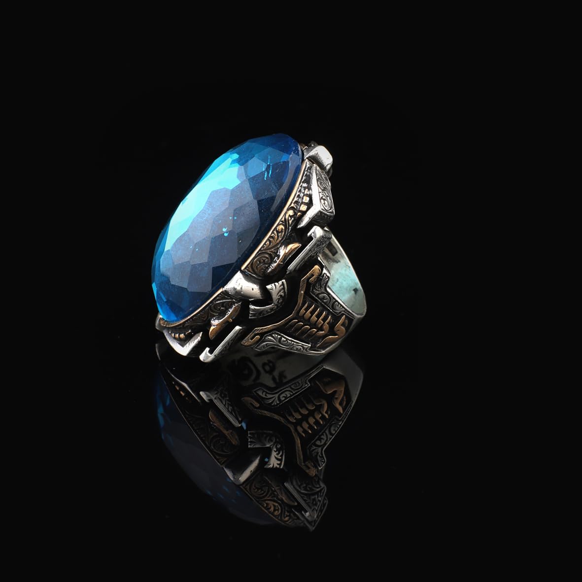 Handmade Vintage Aquamarine Ring - Chunky Silver Engagement Ring for Men with Custom Engraving - Ottoman Style Sterling Silver Ring & Gift Silver Polishing Cloth