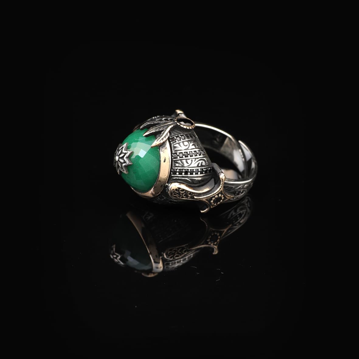 Handmade Emerald Gemstone Ottoman Style Sword Ring for Men Vintage 925 Sterling Silver