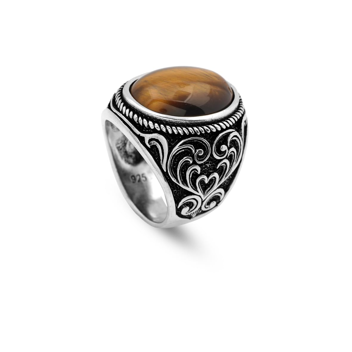 Tiger Eye Ring with Oval Gemstone – Ottoman Style Ring for Men in 925 Sterling Silver – Handmade Vintage Engagement Ring with Custom Engraving – Gift Silver Polishing Cloth