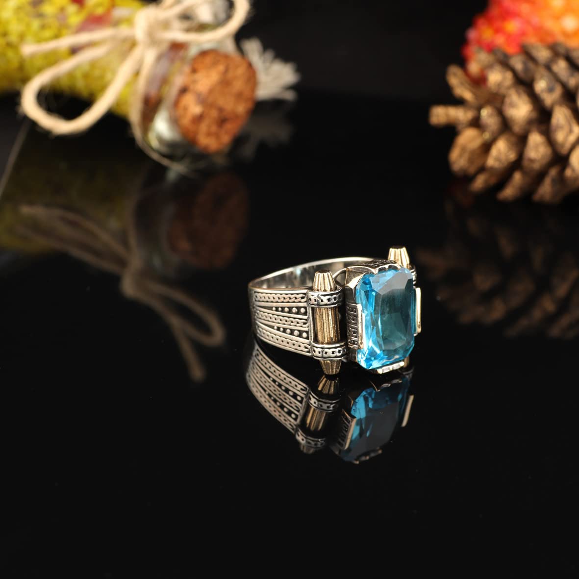 Man Silver Aquamarine Stone Ring