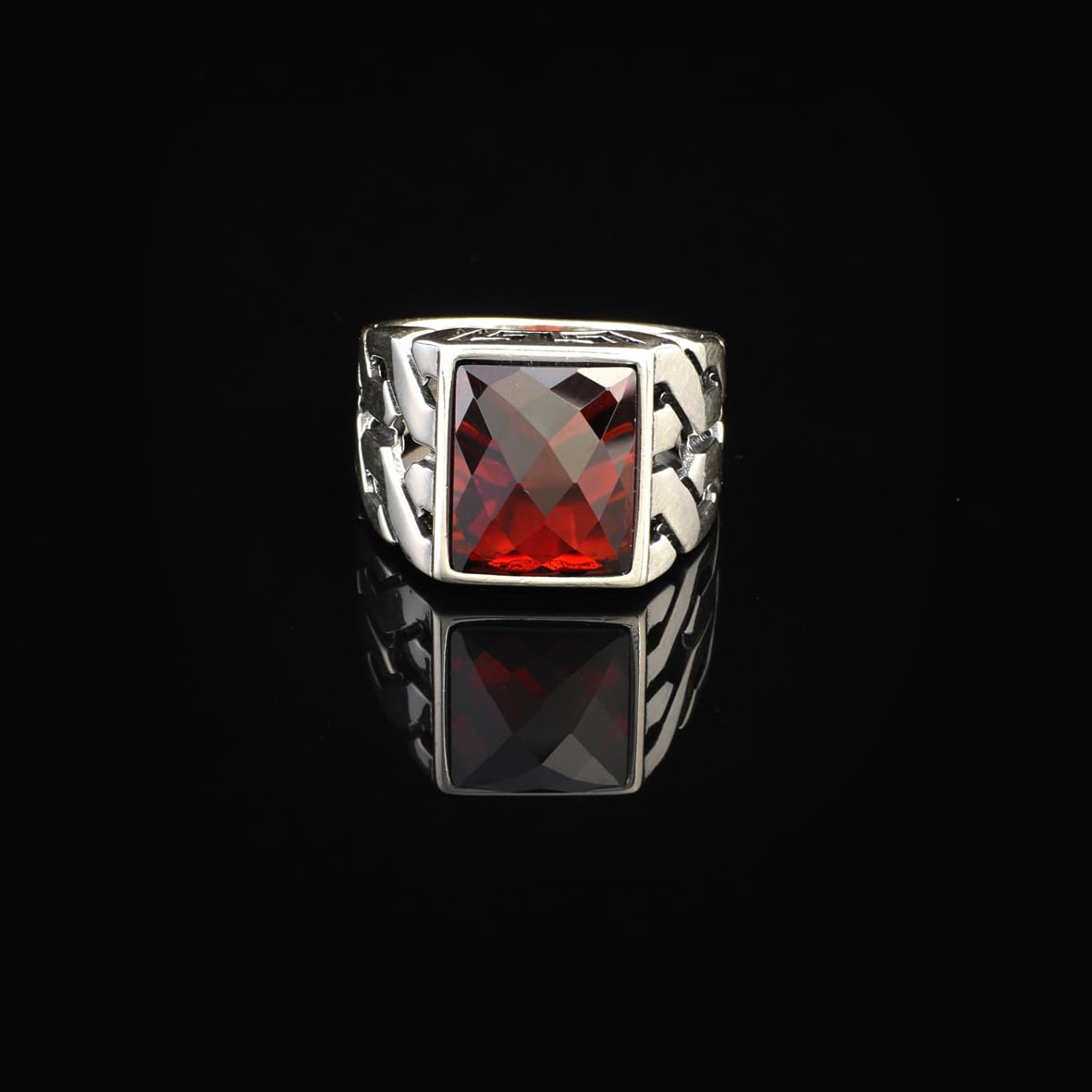 Vintage Handmade Garnet Ring for Men - Ottoman Style Sterling Silver Pinky Ring with Custom Engraving - Perfect Engagement Ring Gift with Silver Polishing Cloth