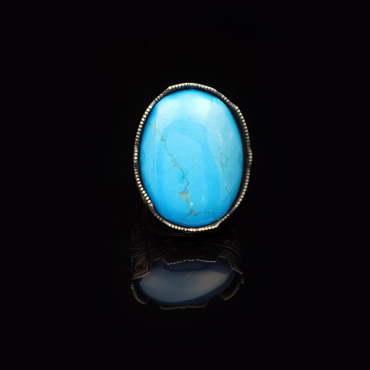 Genuine Turquoise Men’s Ring with Large Oval Stone – Vintage 925 Sterling Silver Ring for Men