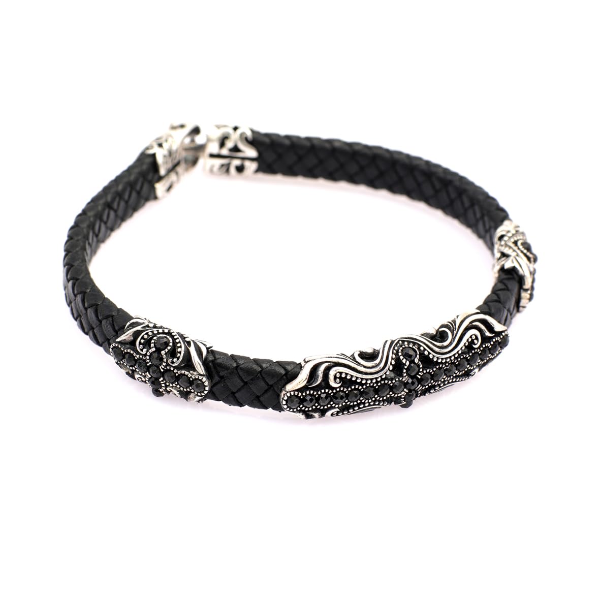 Sterling Silver Men’s Bracelet with Micro Onyx Stone – Leather and Silver Hand-Engraved Vintage Bracelet