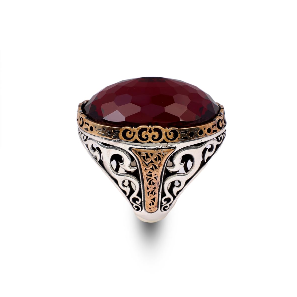 Garnet Ring Oval Stone - Handmade Vintage Ottoman Large Gemstone Ring Men - 925 Sterling Silver Men's Ring with Silver Polishing Cloth Gift