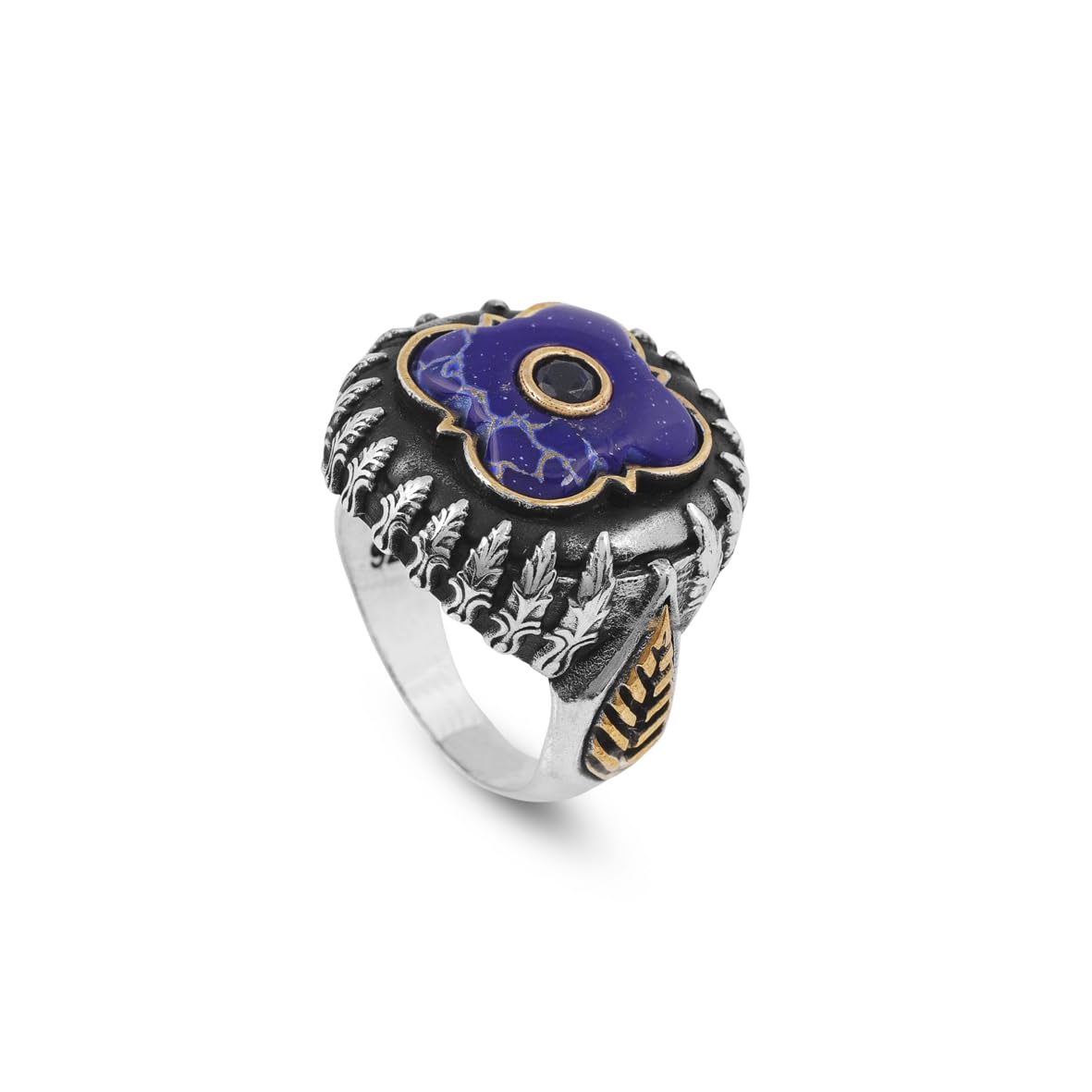 Lapis Lazuli and Black Onyx Knife Ring - Vintage Handmade 925 Sterling Silver Men's Ring with Micro Stone Accents and Silver Polishing Cloth Gift