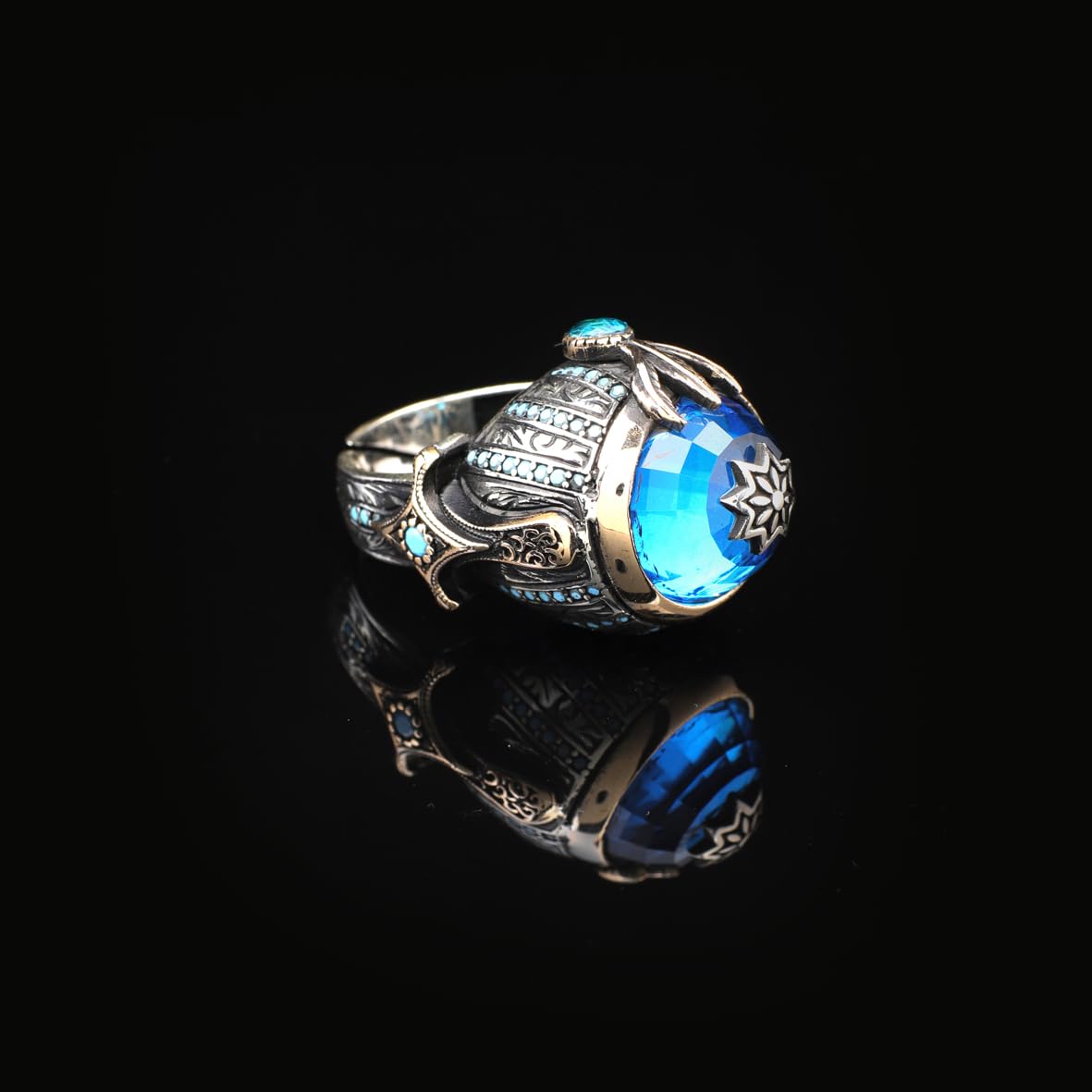 Handmade Aquamarine Gemstone Ottoman Style Sword Ring for Men Vintage 925 Sterling Silver