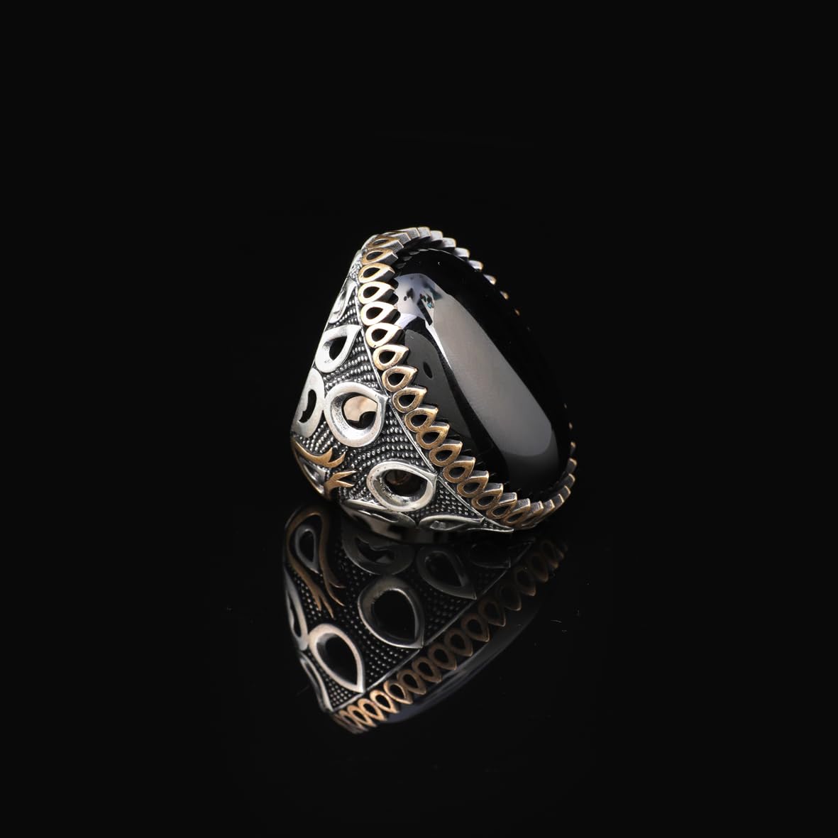 Handmade Onyx Ring with Oval Gemstone - Large Ottoman Style Men's Vintage 925 Sterling Silver Gemstone Ring with Silver Polishing Cloth Gift