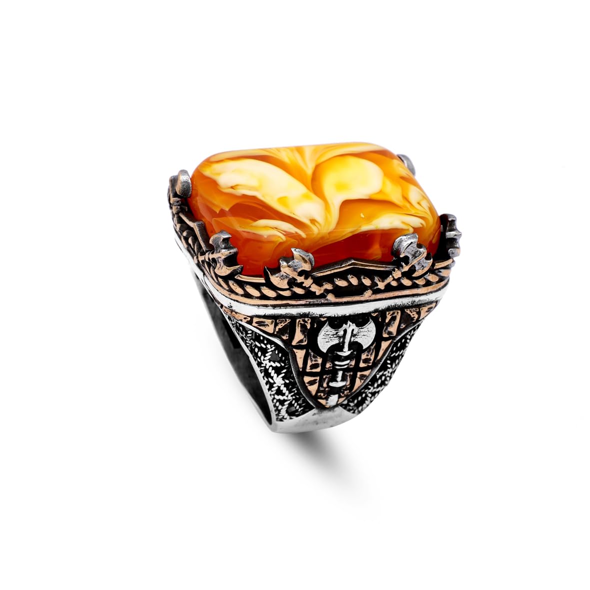 Vintage Large Squeezing Amber Axe Ring for Men - 925 Sterling Silver Turkish Handmade Polished Engagement Ring with Silver Polishing Cloth Gift