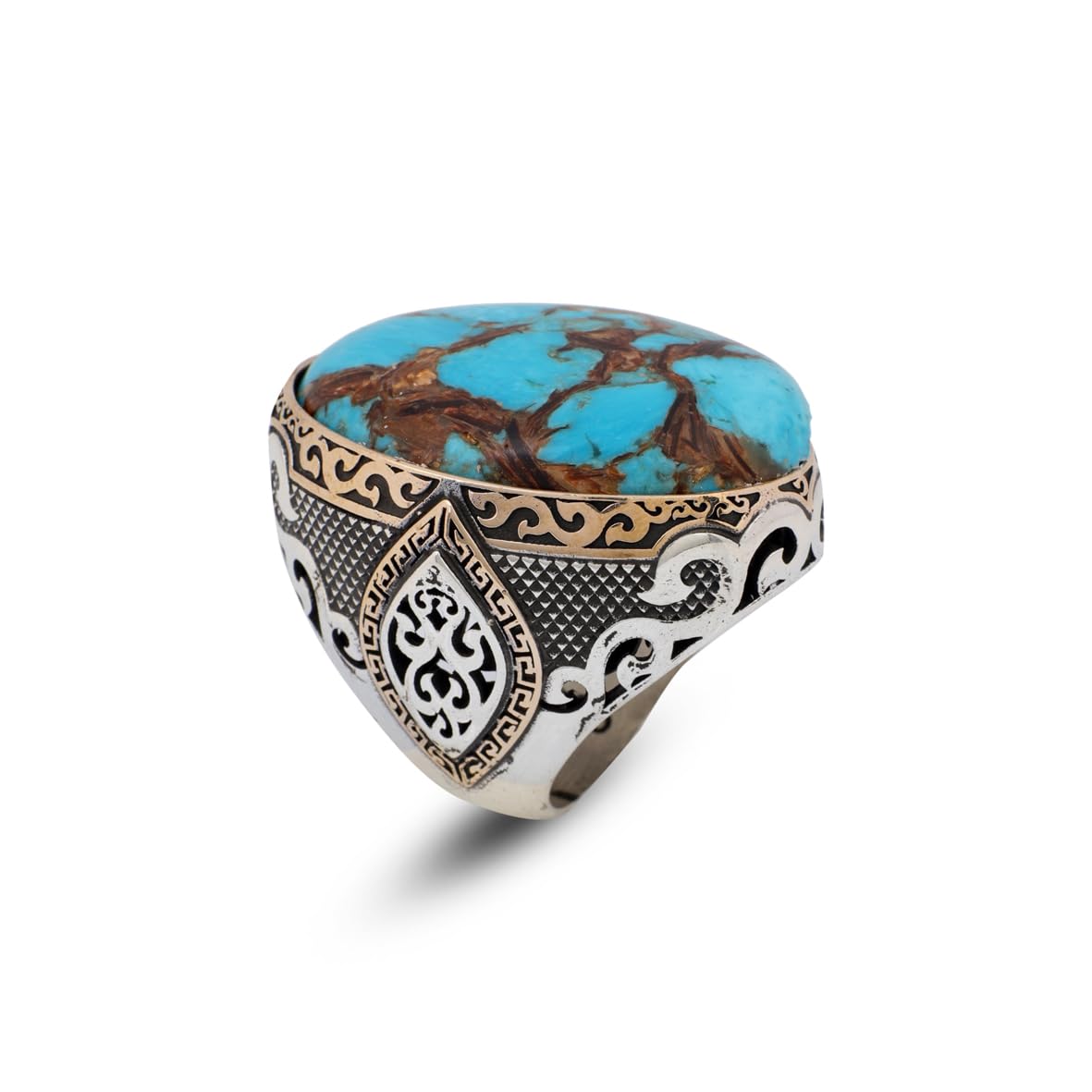 Vintage Genuine Turquoise Men's Ring - Large Oval Stone in 925 Sterling Silver