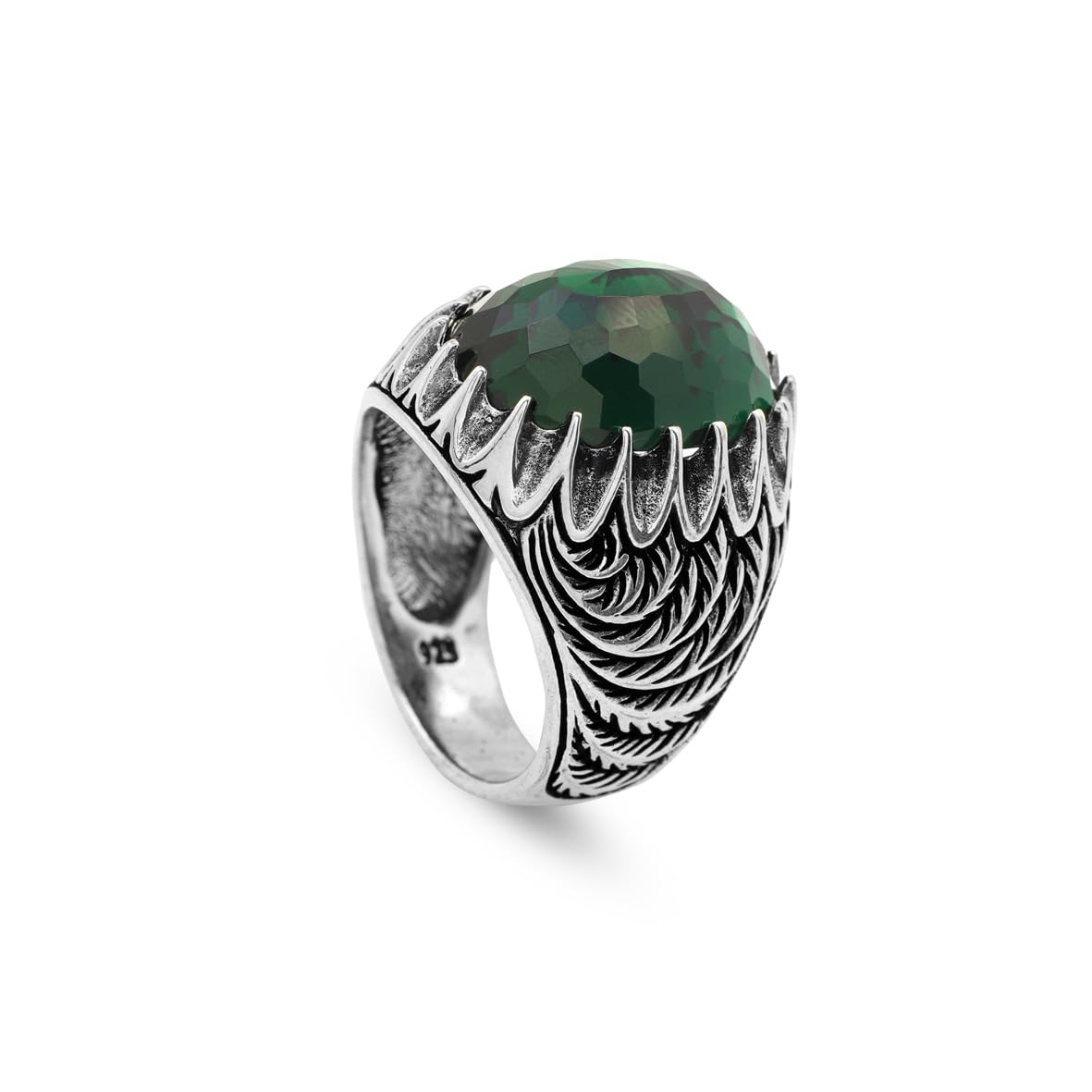 Emerald Ottoman Oval Gemstone Ring – Handmade 925 Sterling Silver Vintage Ring for Men – Custom Engraved Engagement Ring with Gift Silver Polishing Cloth