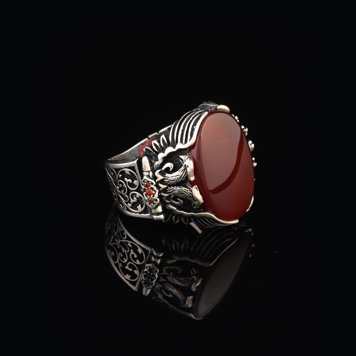 Handmade Carnelian Signet Eagle Ring - Vintage Ottoman Style Pinky Ring in Sterling Silver