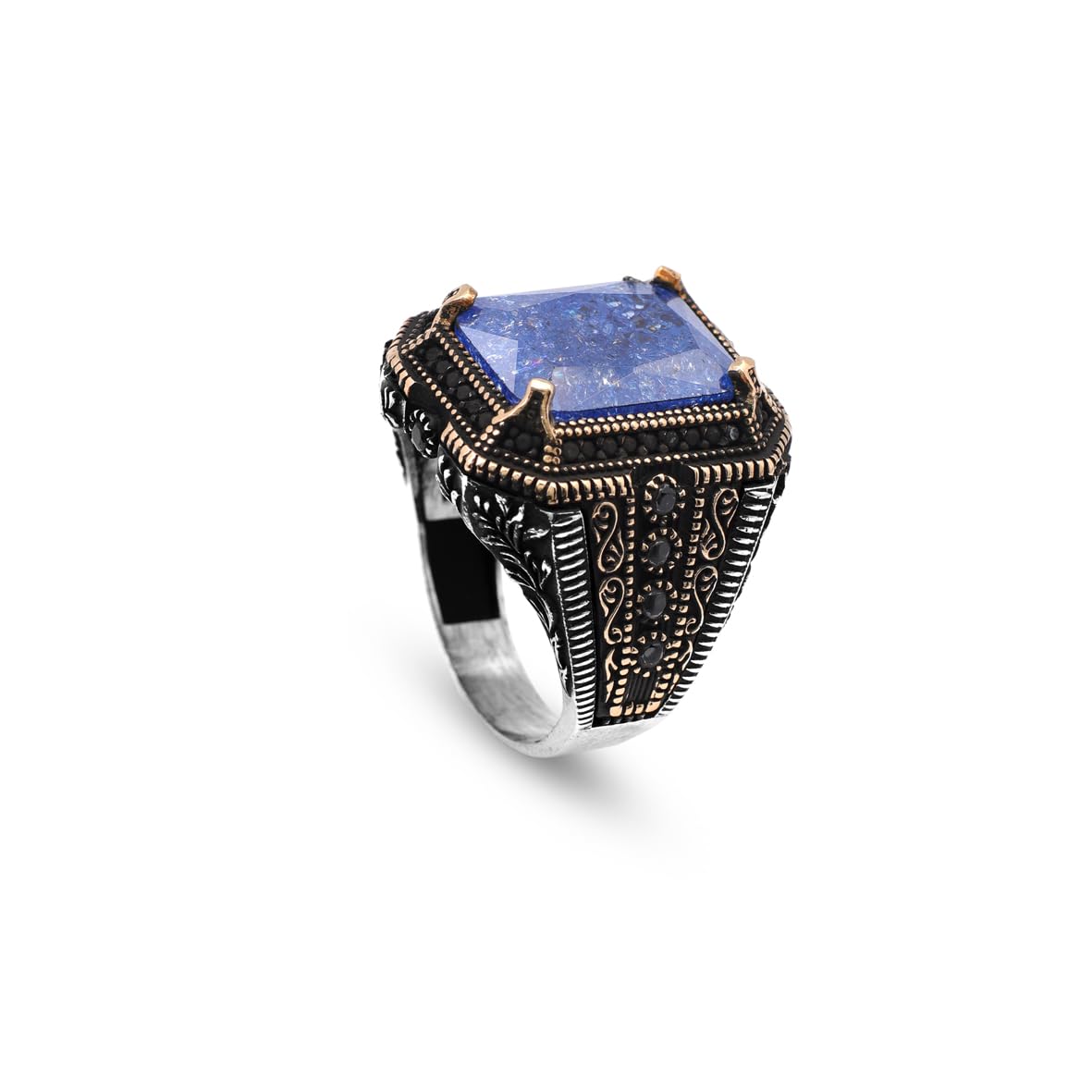 Handmade Sapphire Ottoman Ring with Micro Onyx Stone – Sterling Silver Vintage Mens Gemstone Ring – Engagement Rings for Men with Custom Engraving & Gift Silver Polishing Cloth