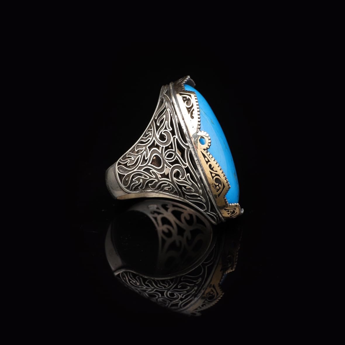 Genuine Turquoise Men’s Ring with Large Oval Stone – Vintage 925 Sterling Silver Ring for Men