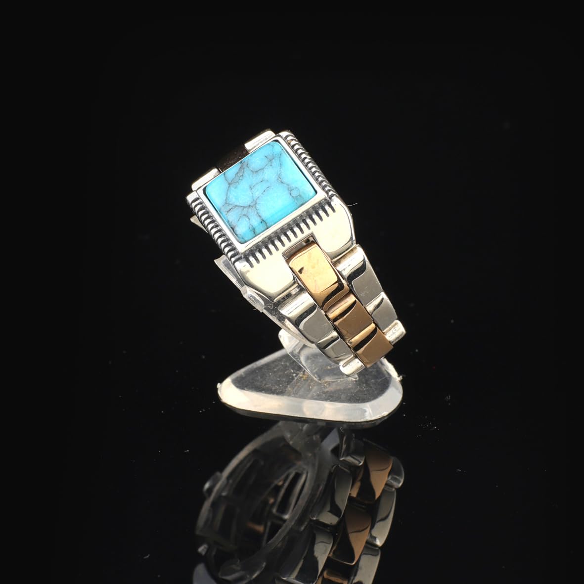 Men's Turquoise Ring - Vintage Rolex Model Signet Ring in Sterling Silver - Handmade Engagement Ring with Custom Engraving - Gift Silver Polishing Cloth Included