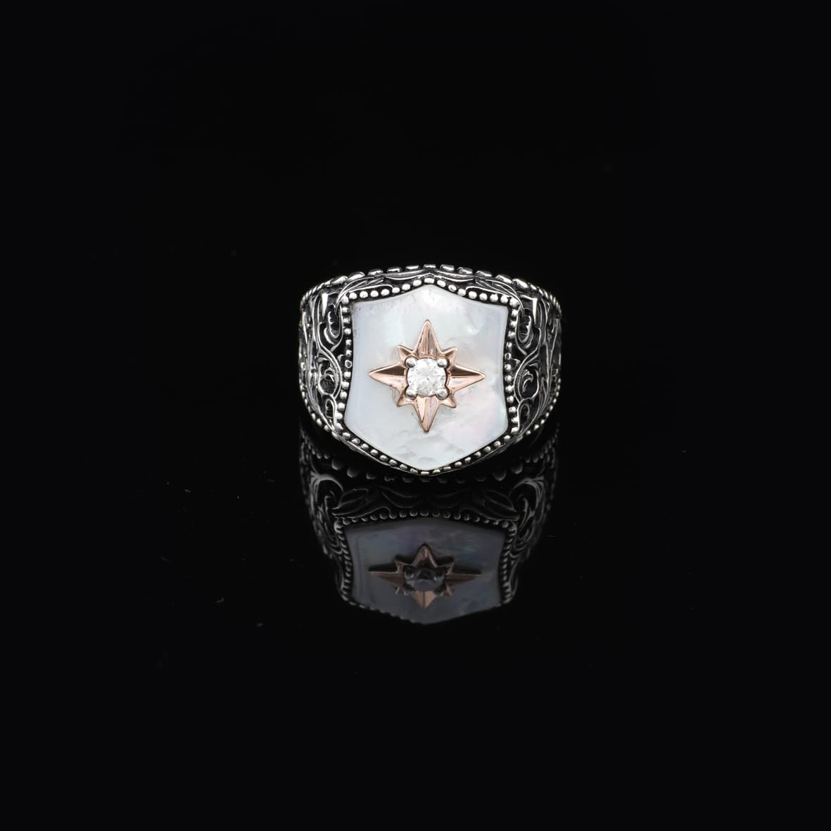 925 Sterling Silver Men's Ring - Handmade Mother of Pearl and Star Gemstone Ring with Polishing Cloth Gift