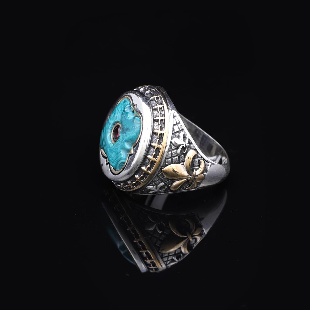 Vintage Malachite Ring with Micro Ruby Stone - Handmade 925 Sterling Silver Mens Ring with Gemstone - Includes Silver Polishing Cloth Gift