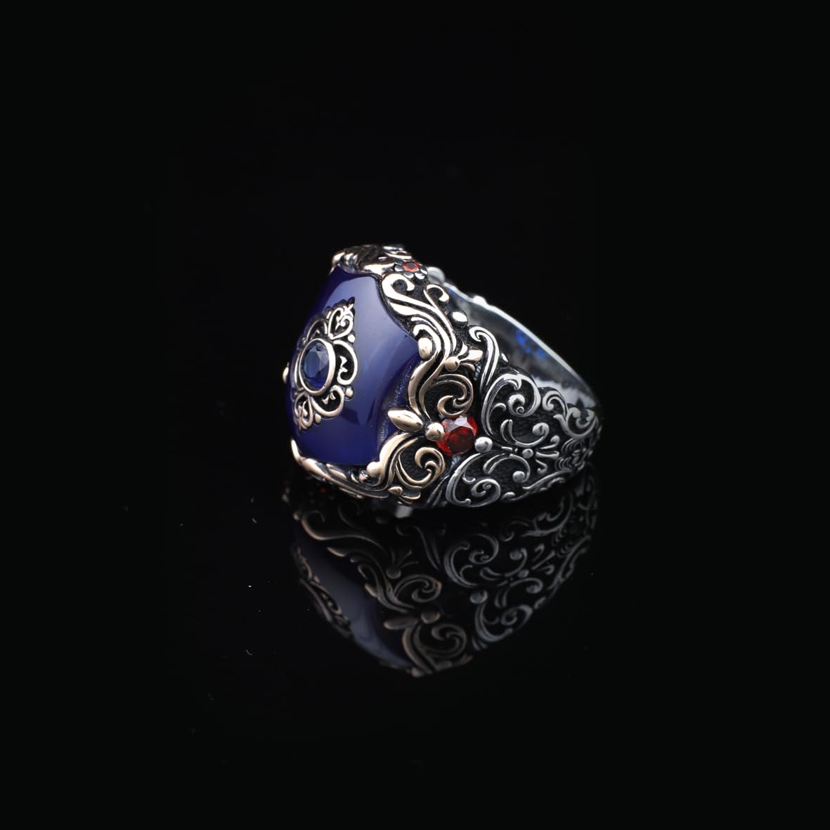 925 Sterling Silver Men's Ring - Handmade Ottoman Style Sapphire Gemstone Jewelry with Unique Design