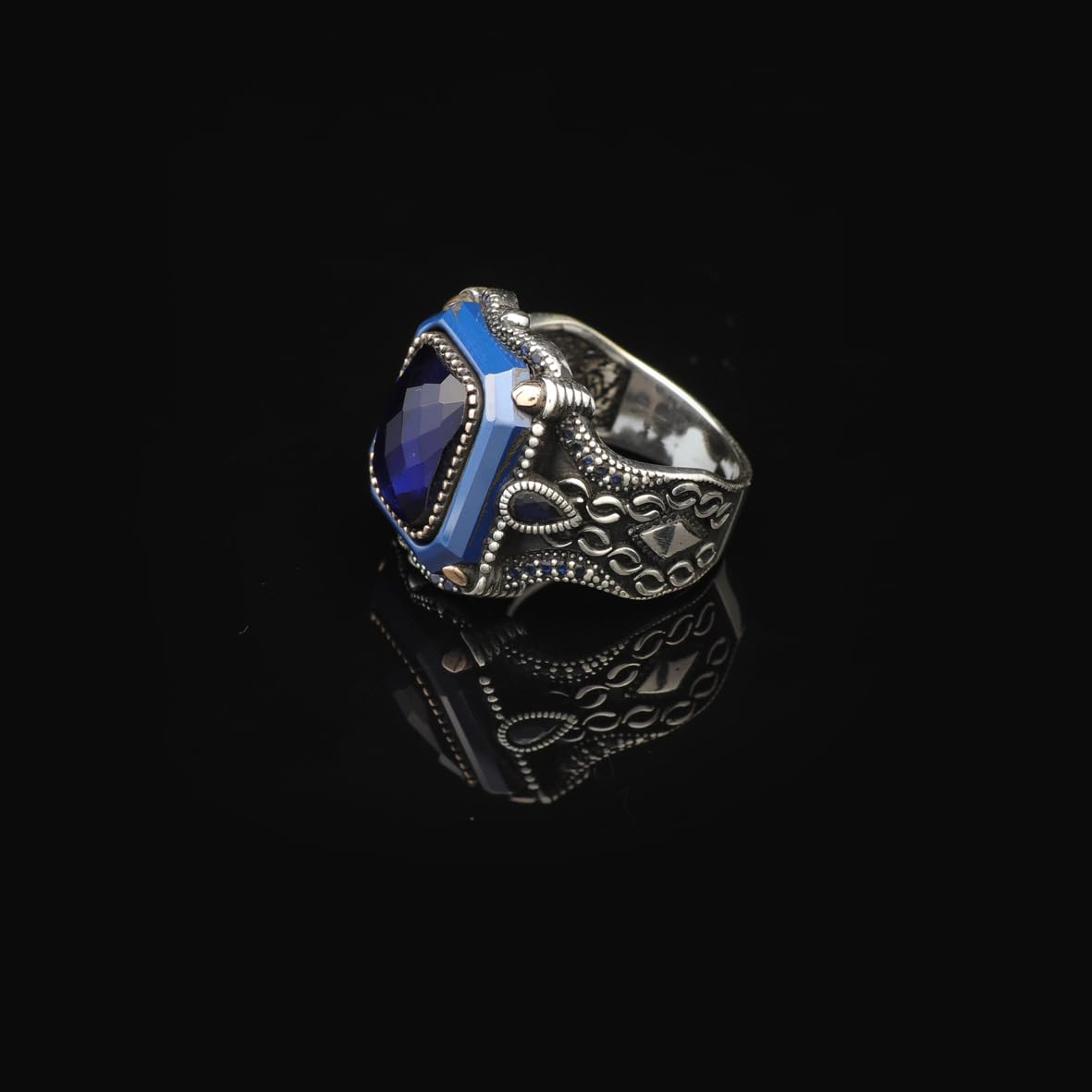 Handmade Vintage Blue Sapphire Ring - Polished 925 Sterling Silver Men's Gemstone Ring