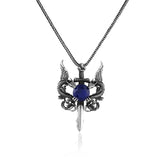 Dragon Necklace with Sapphire & Sword Pendant – Sterling Silver Gothic Biker Mens Necklace with Silver Chain - Silver Cleaning Cloth Gift — image 1