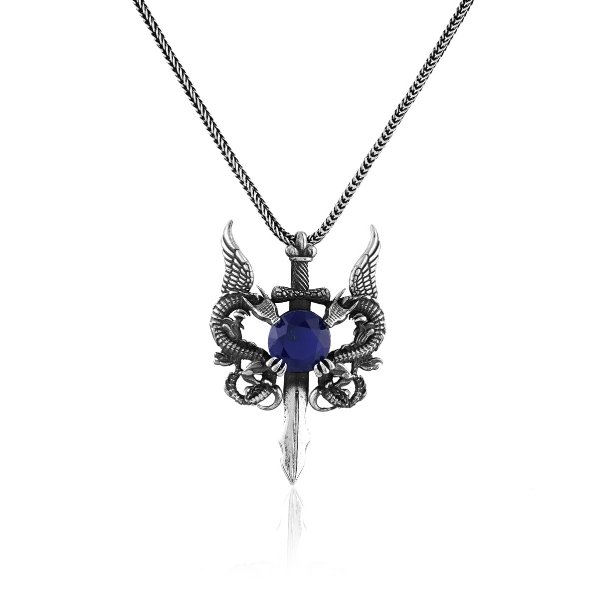 Dragon Necklace with Sapphire & Sword Pendant – Sterling Silver Gothic Biker Mens Necklace with Silver Chain - Silver Cleaning Cloth Gift
