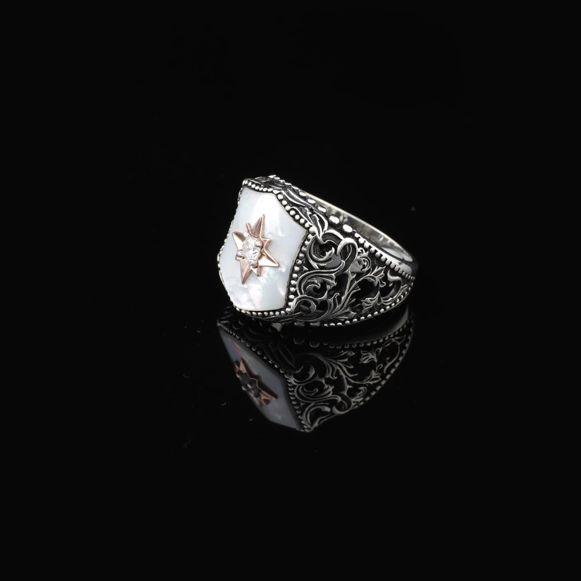 925 Sterling Silver Men's Ring - Handmade Mother of Pearl and Star Gemstone Ring with Polishing Cloth Gift