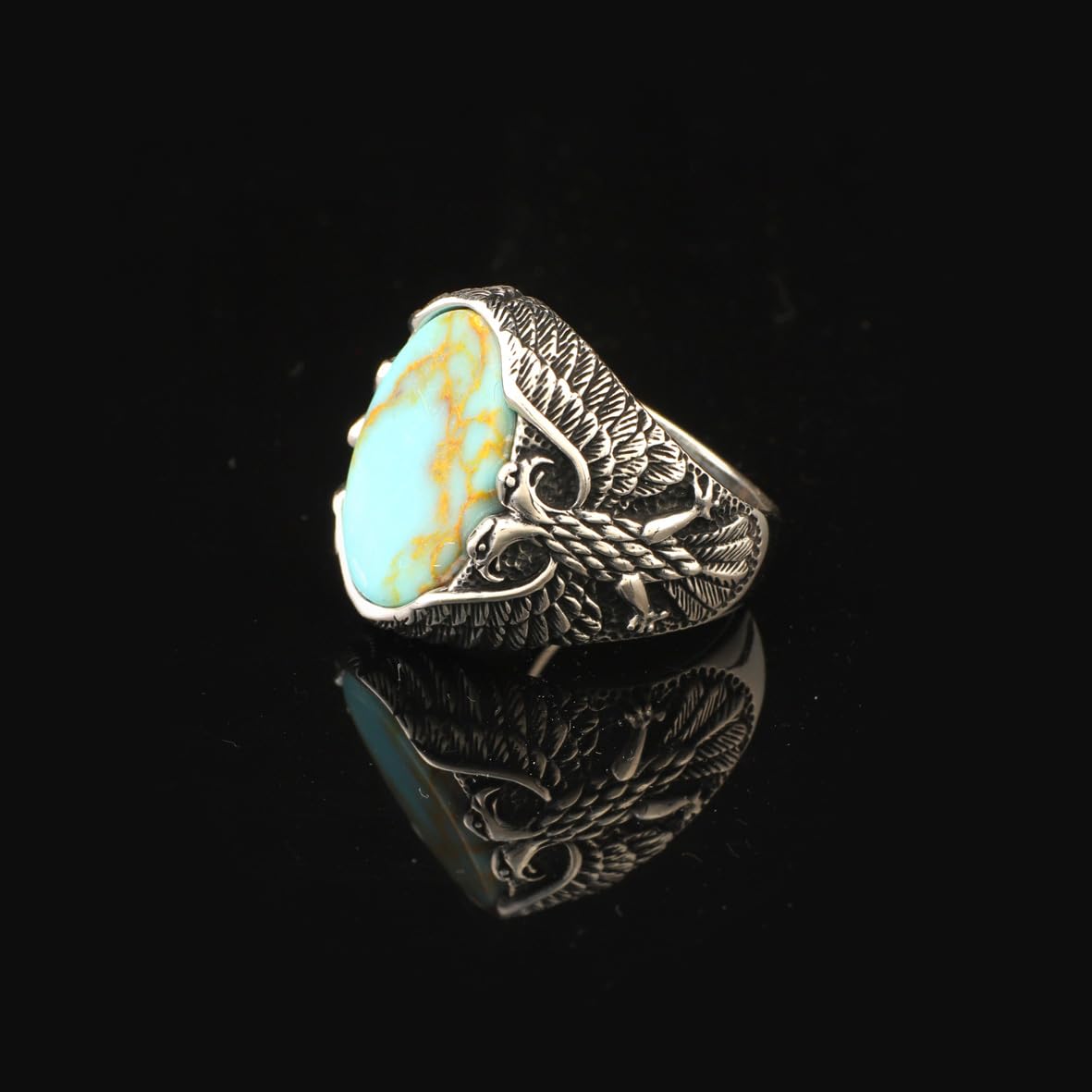 Mens Turquoise Eagle Ring Ottoman Vintage Ring Sterling Silver Ring Pinky Ring Promise Ring for Him Silver Signet Ring Gemstone