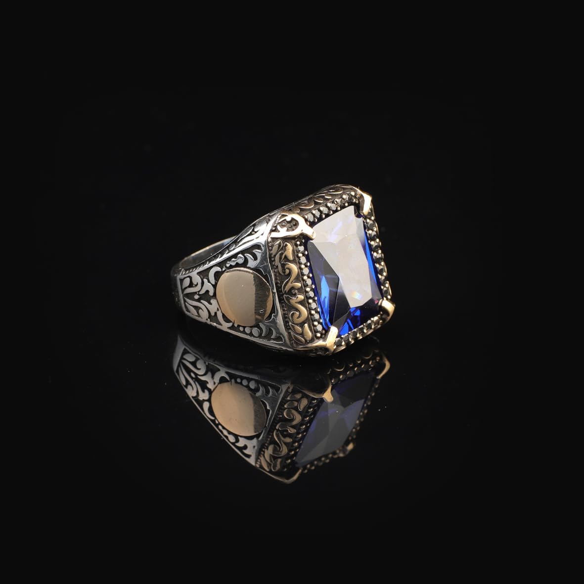 Handmade Mens Sterling Silver Sapphire Ring – Ottoman Vintage Gemstone Engagement Ring with Custom Engraving & Gift Silver Polishing Cloth