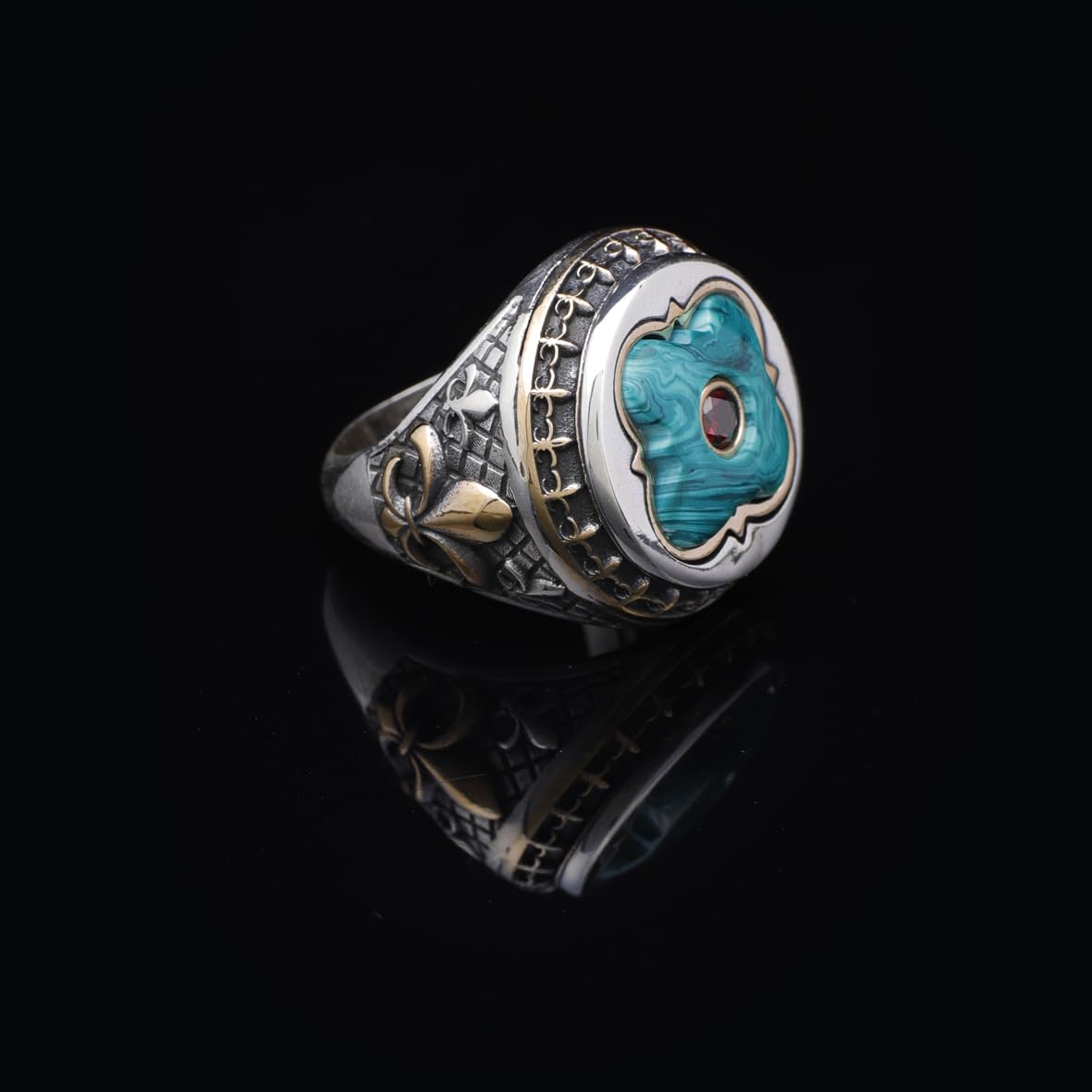 Vintage Malachite Ring with Micro Ruby Stone - Handmade 925 Sterling Silver Mens Ring with Gemstone - Includes Silver Polishing Cloth Gift