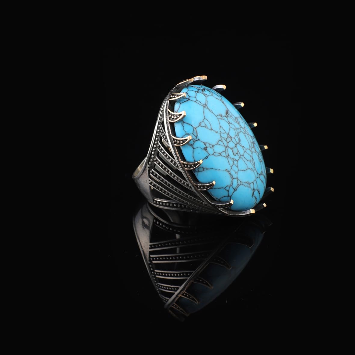 Handmade Men's Turquoise Ring - Chunky Sterling Silver Ottoman-Style Gemstone Ring