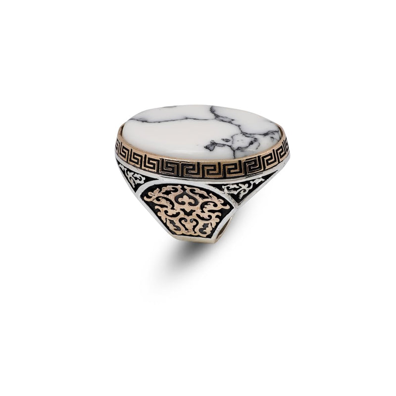 White Turquoise Men’s Ring with Large Oval Stone – Vintage 925 Sterling Silver Ring