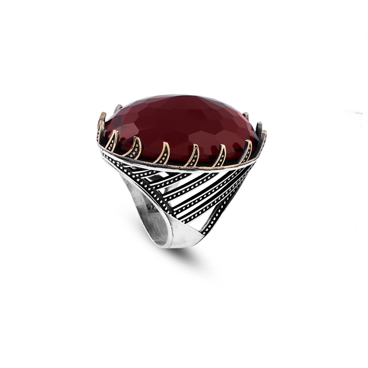 Vintage Garnet Ring for Men - Chunky Sterling Silver Ring with Gemstone