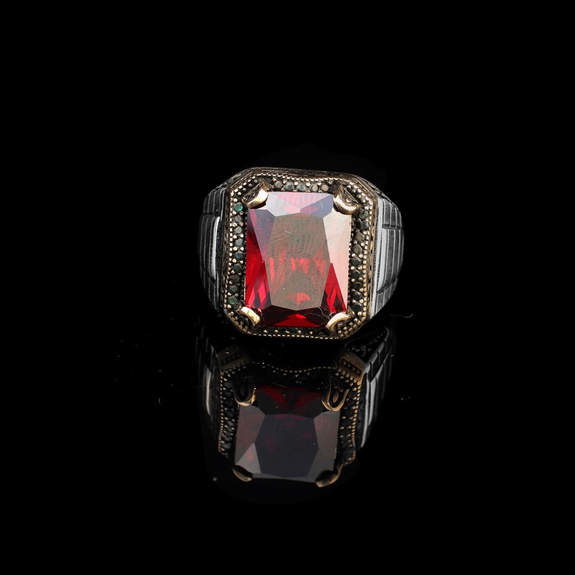 Vintage Garnet Gemstone Watch Band Ring – Ottoman Style Handmade Sterling Silver Ring for Men